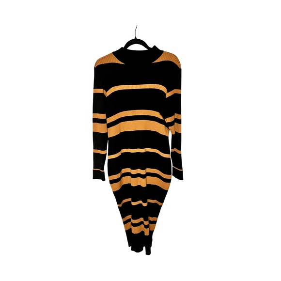 JUSTFAB Black & Mustard Stripe Mock Neck Ribbed Knit Maxi Sweater Dress - Picture 2 of 7